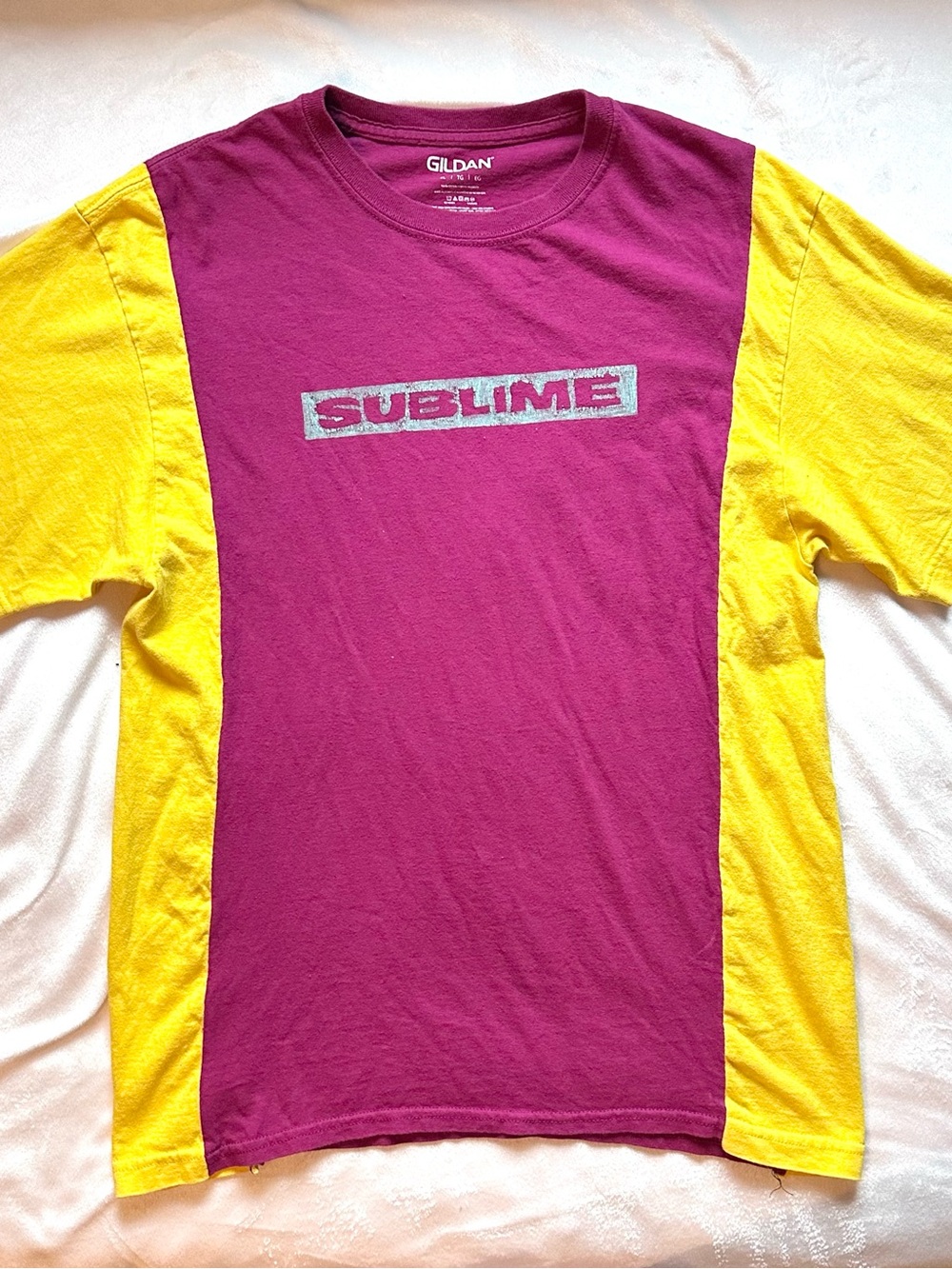 Sublime Custom Handmade Upcycled T-Shirt Mens Unisex S/M Fuchsia & Yellow